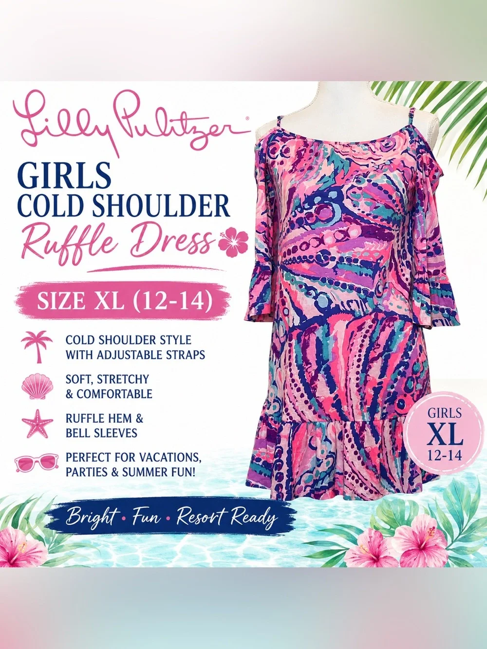 Lilly Pulitzer Girls Mini Alanna Dress Colony Coral Shell Out‎ Large